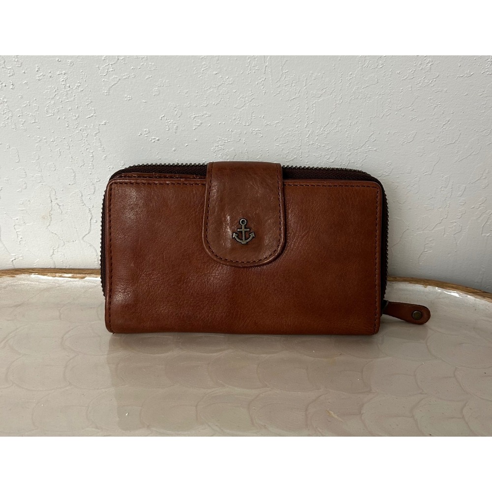 Harbour 2nd Brown Leather Zip Around Wallet Anchor Logo Card Holder
